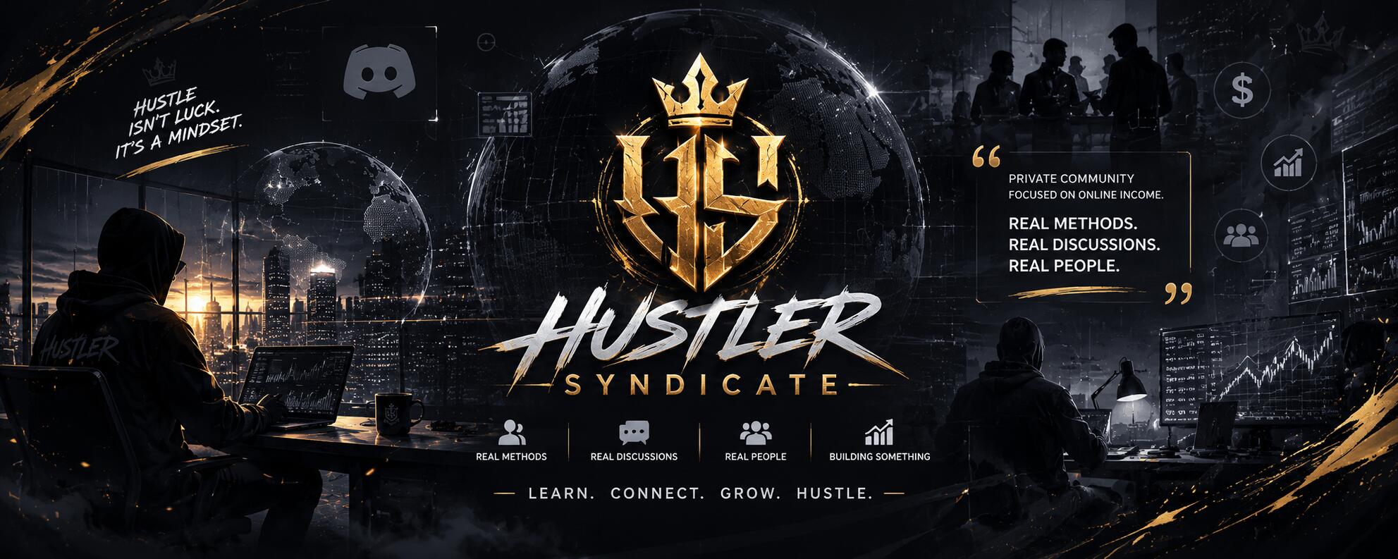 Discovery splash banner for Hustler Syndicate Discord server